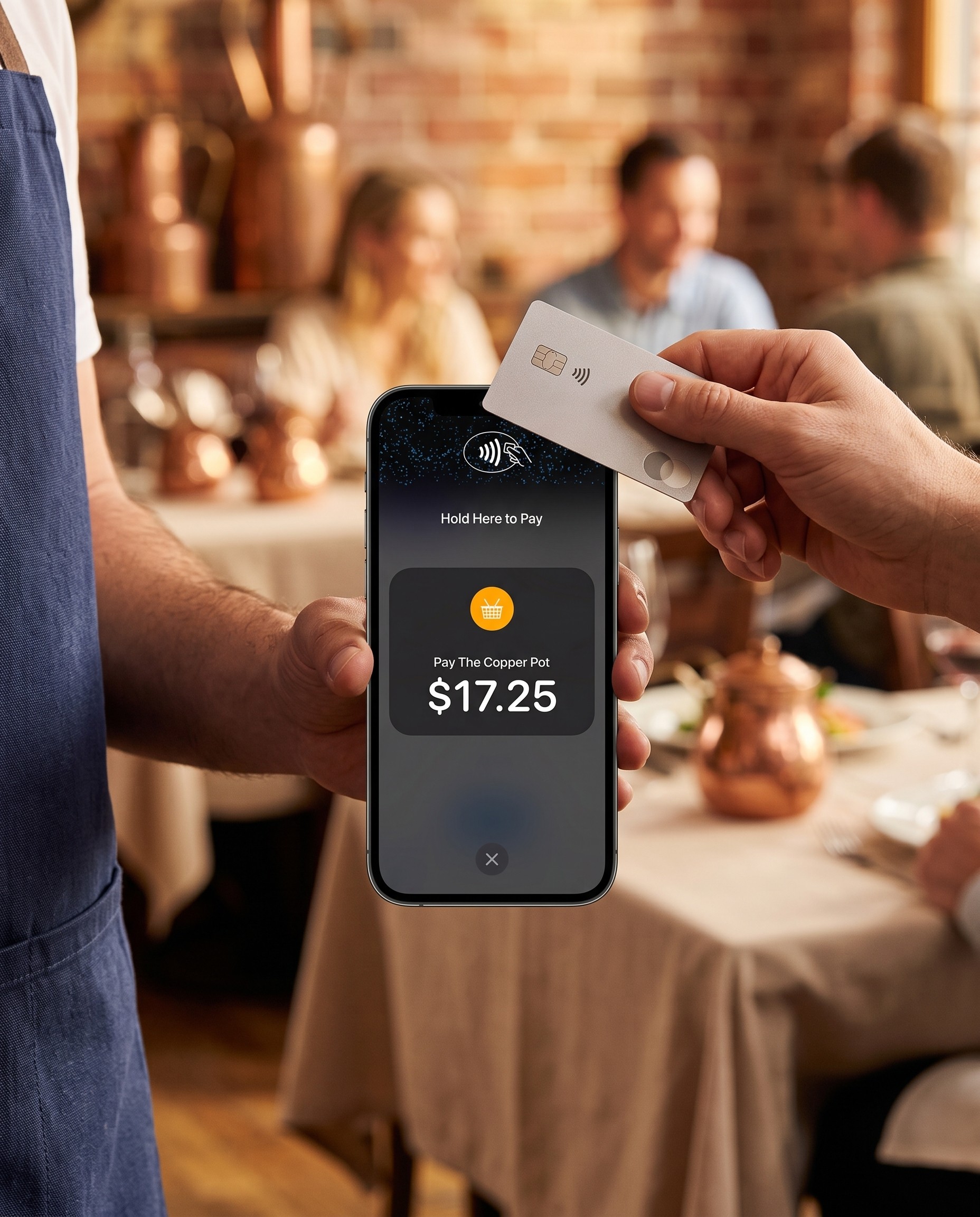 A waiter holding up a phone showing the "Hold Here to Pay" tap-to-pay screen, a customer tapping a contactless card against it