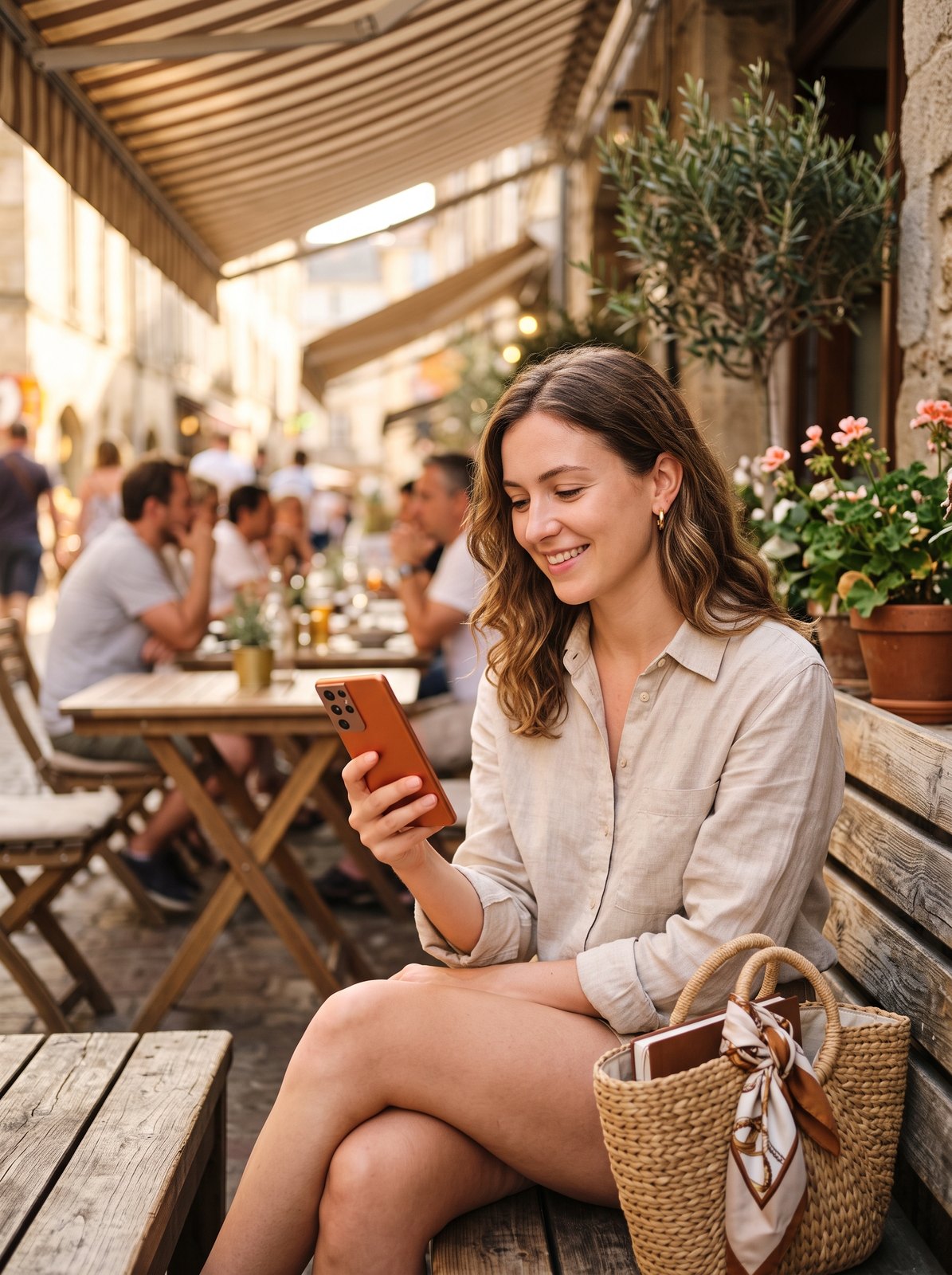 A customer on a café terrace checking her phone, smiling, an orange phone in hand