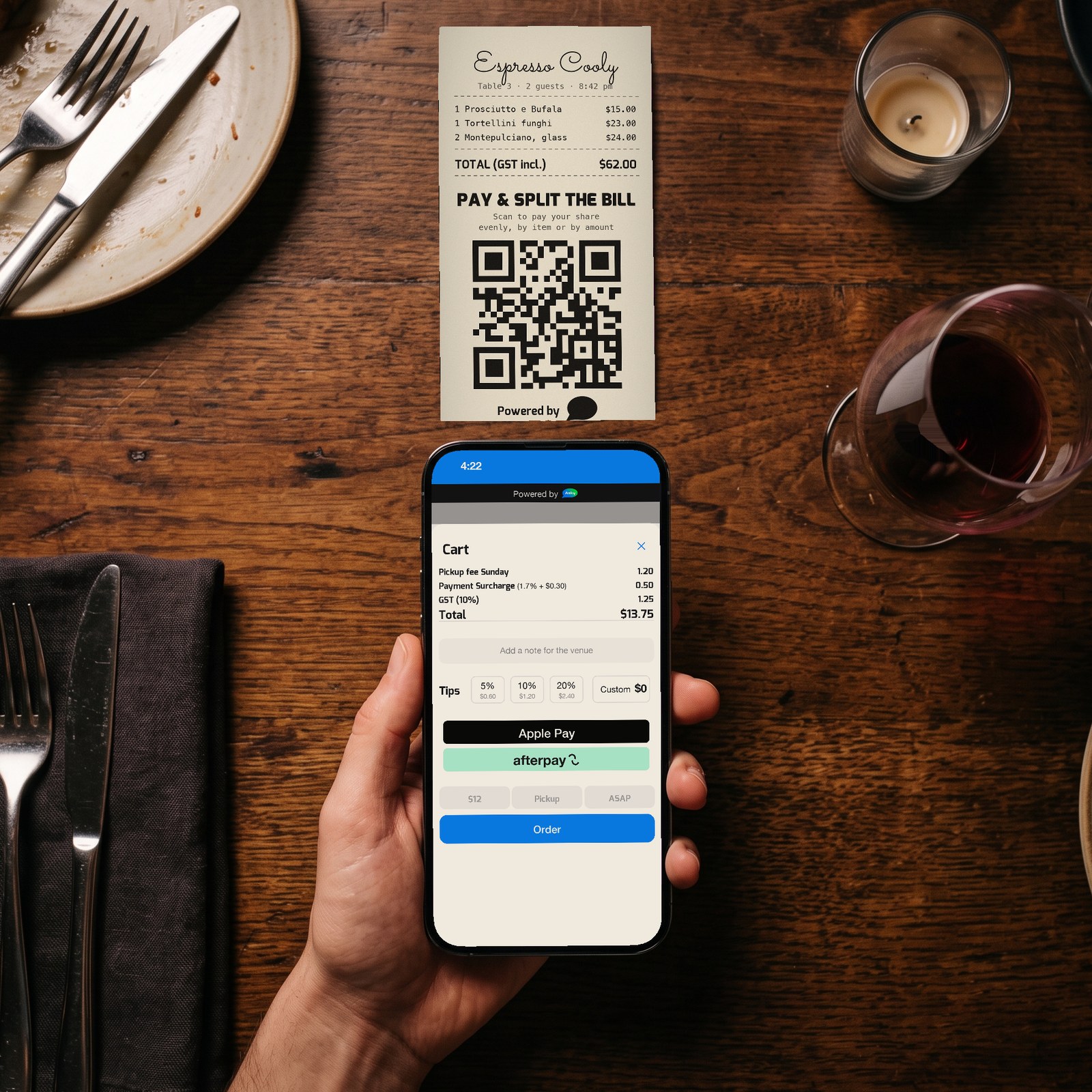 Seen from above: a printed bill on the table with a "Pay & split the bill" QR code, and a guest's phone showing the Asky payment screen — Due $56.60, Split, Tips, Apple Pay