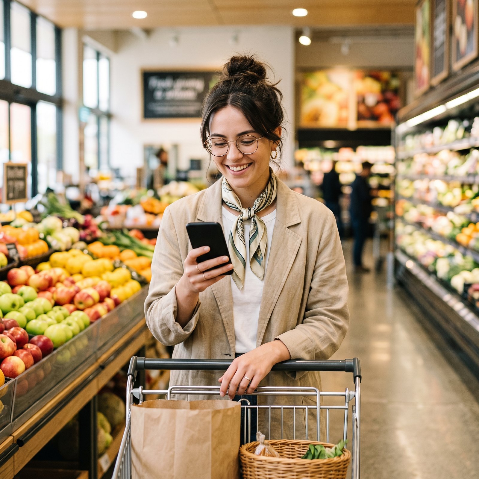 A customer out doing her shopping, smiling at a message on her phone
