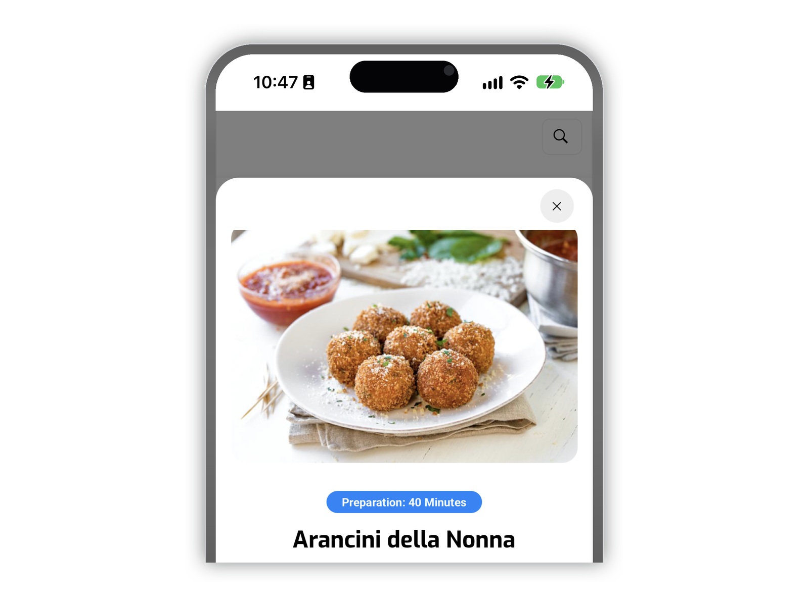 A guest's phone showing the Asky menu — the dish photo, a "Preparation: 40 Minutes" pill, and the dish name Arancini della Nonna
