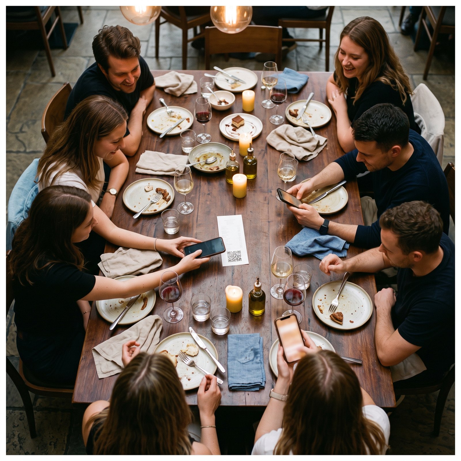 Eight friends around a restaurant table seen from above, one scanning the QR code on the bill, two others settling their share on their phones