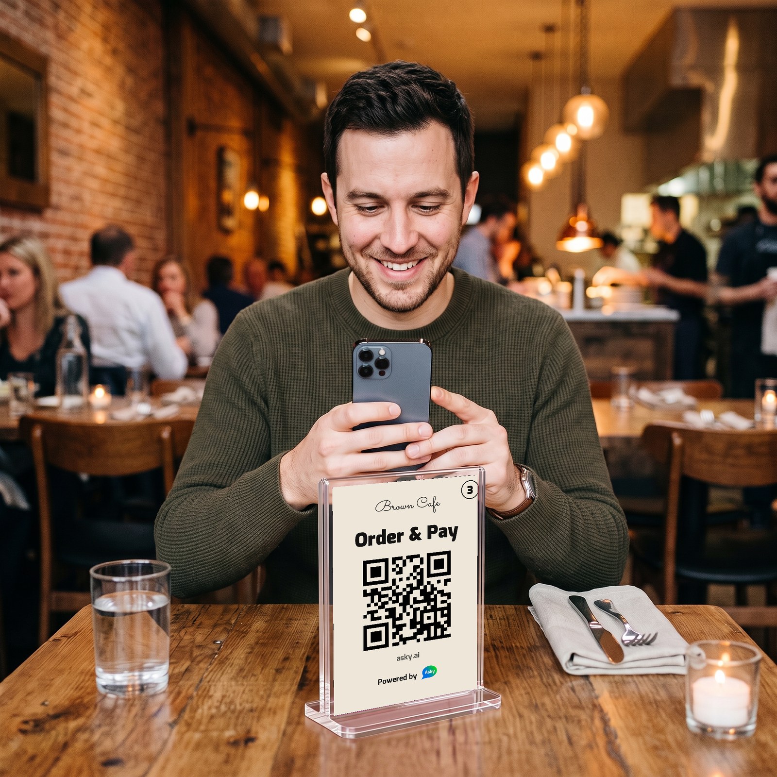 A guest at a restaurant table scanning the Order & Pay QR card in a clear acrylic table-tent holder, table number 3 top right, asky.ai printed under the QR code