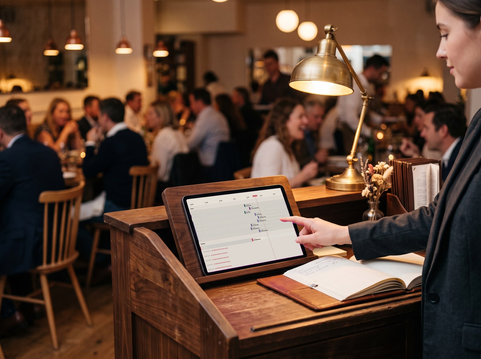 The Asky booking timeline on a tablet, showing every table's reservations laid out against the clock