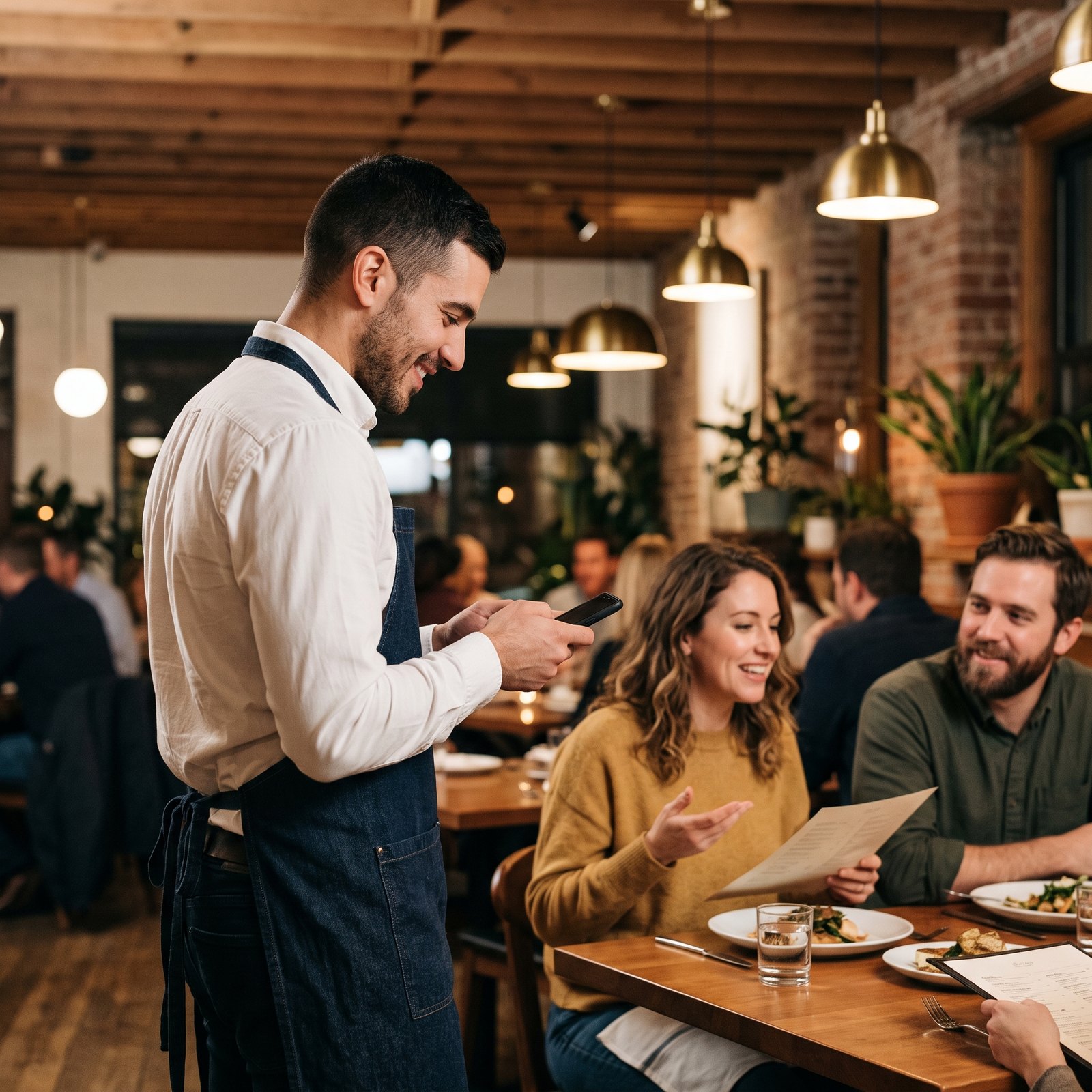 A waiter taking a couple's order on his phone at the table