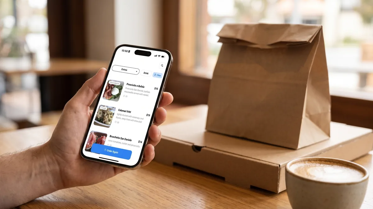 A hand holding a phone showing the Asky direct ordering menu, with a takeaway bag, a pizza box and a coffee on a cafe table