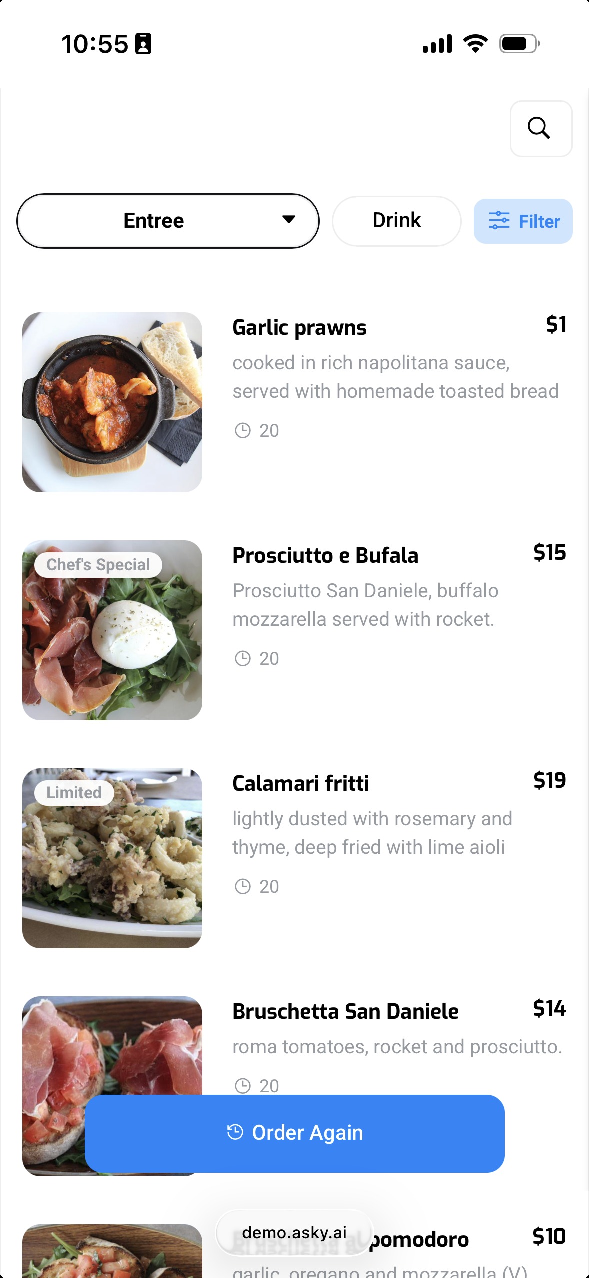 A customer’s phone showing the Asky menu with item photos, prices and prep times, and an Order Again button at the foot of the screen