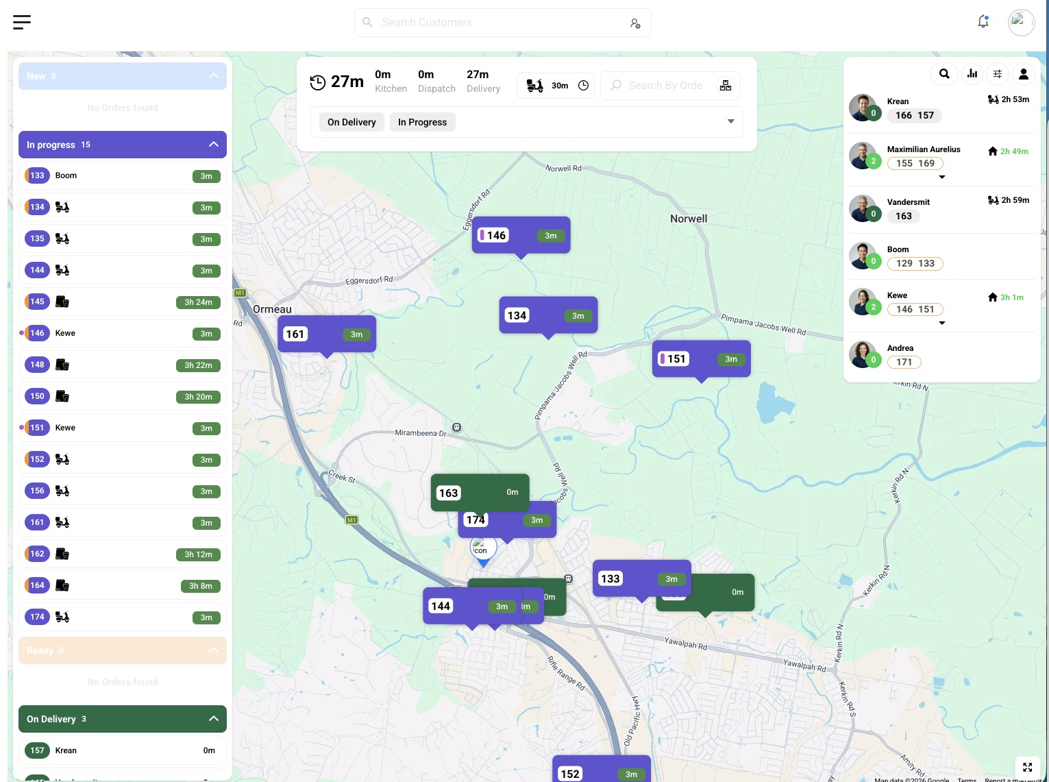 The Asky delivery dispatch map, live orders pinned across the suburb with drivers assigned