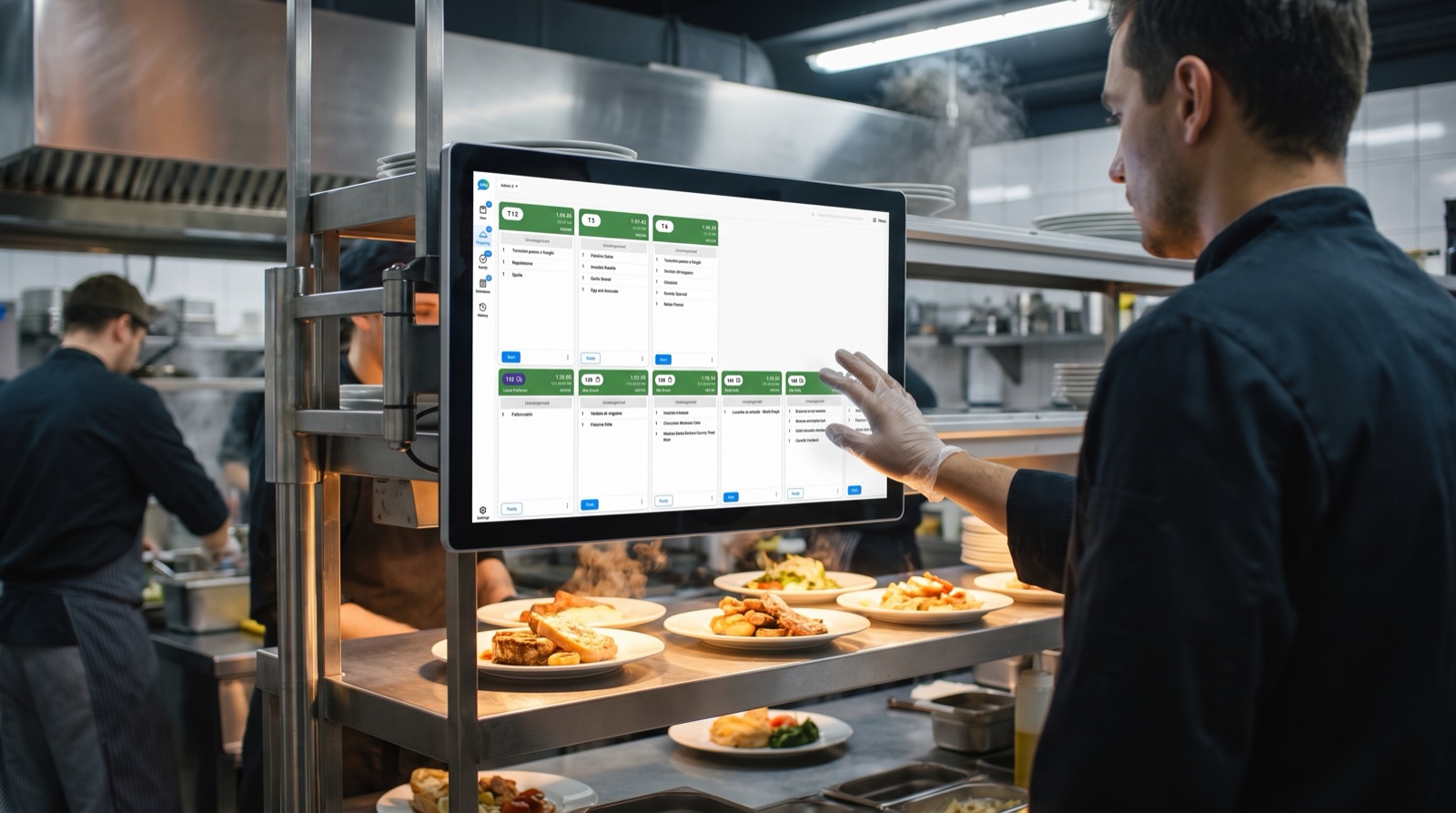 A cook working orders on a wall-mounted Asky kitchen display