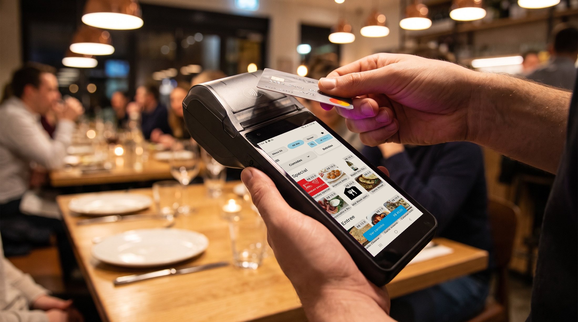 Um cliente pagando por aproximação na maquininha com Asky
